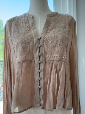 Zara Boho Embroidered Button-Front Blouse - Blush
